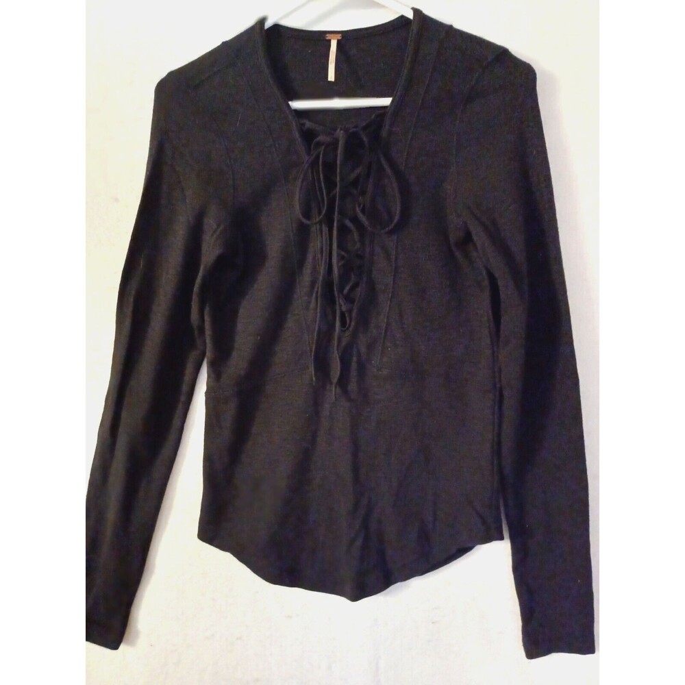 Free People Black Long Sleeve Lace Up Front Top sz S Sexy Stretch Women's